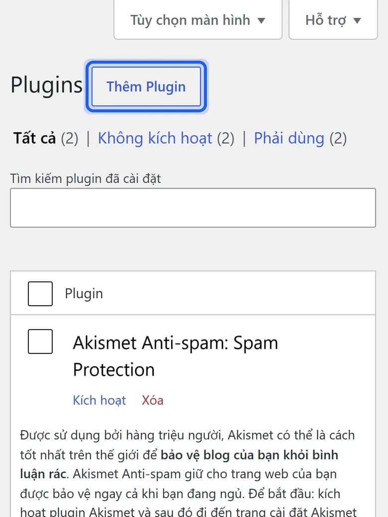 The Plugins page in WordPress, with the Add New Plugin button outlined in blue