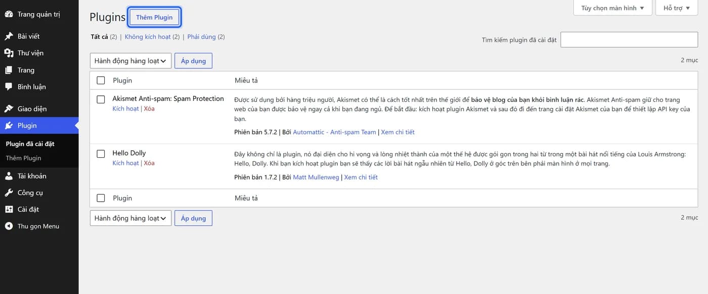 The Plugins page in WordPress, with the Add New Plugin button outlined in blue