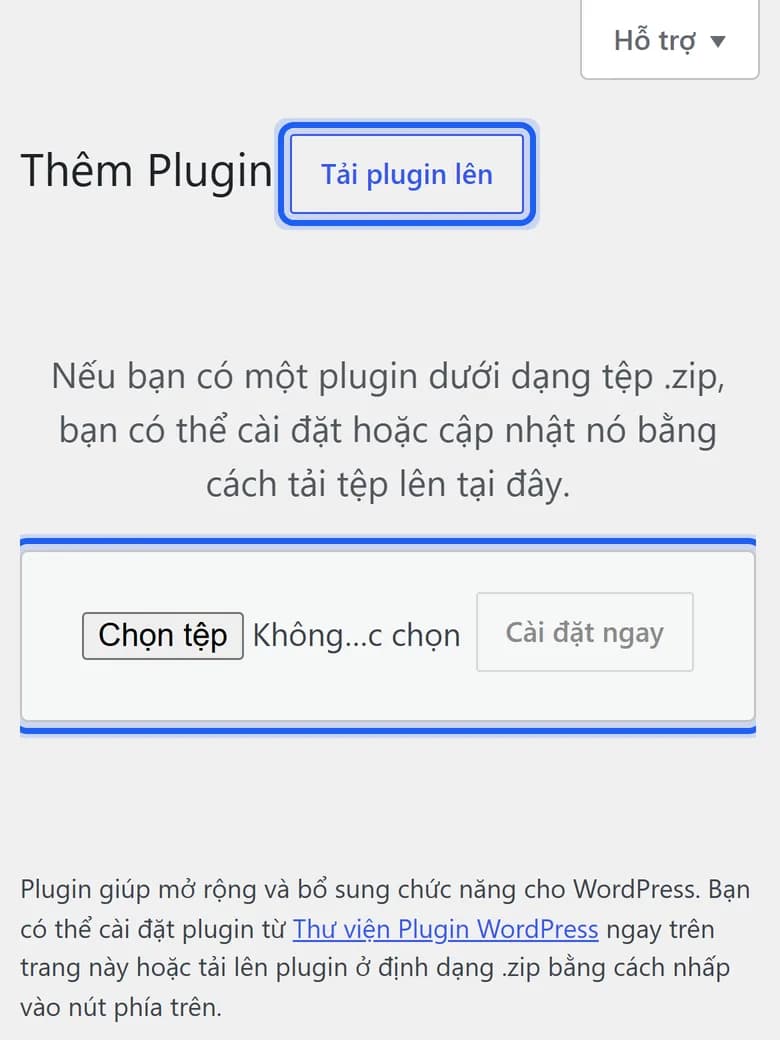 The Add New Plugin page, with the Upload Plugin button and the file picker open