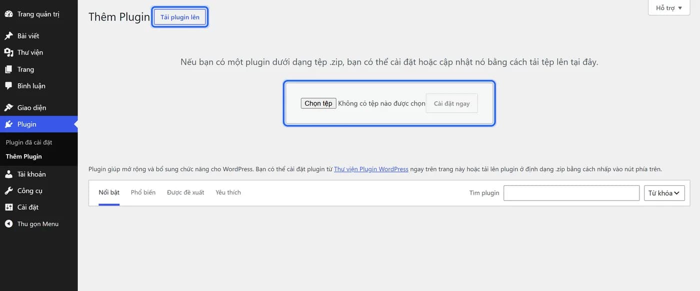 The Add New Plugin page, with the Upload Plugin button and the file picker open