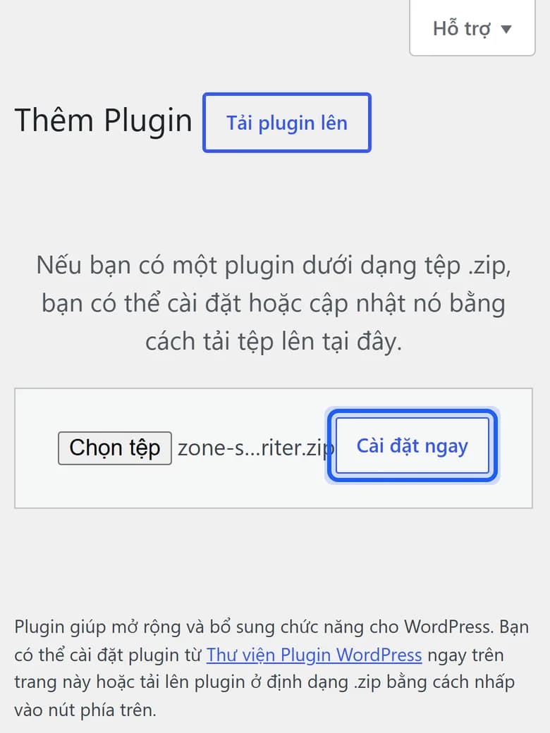 The upload box with zone-seo-writer.zip selected and the Install Now button outlined in blue