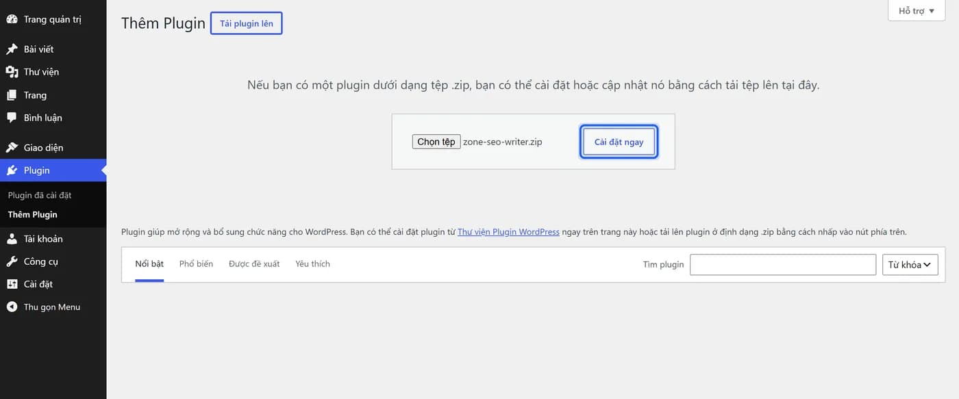 The upload box with zone-seo-writer.zip selected and the Install Now button outlined in blue