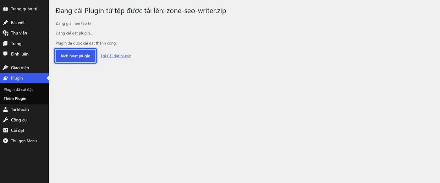 The plugin installed successfully message, with the Activate Plugin button outlined in blue