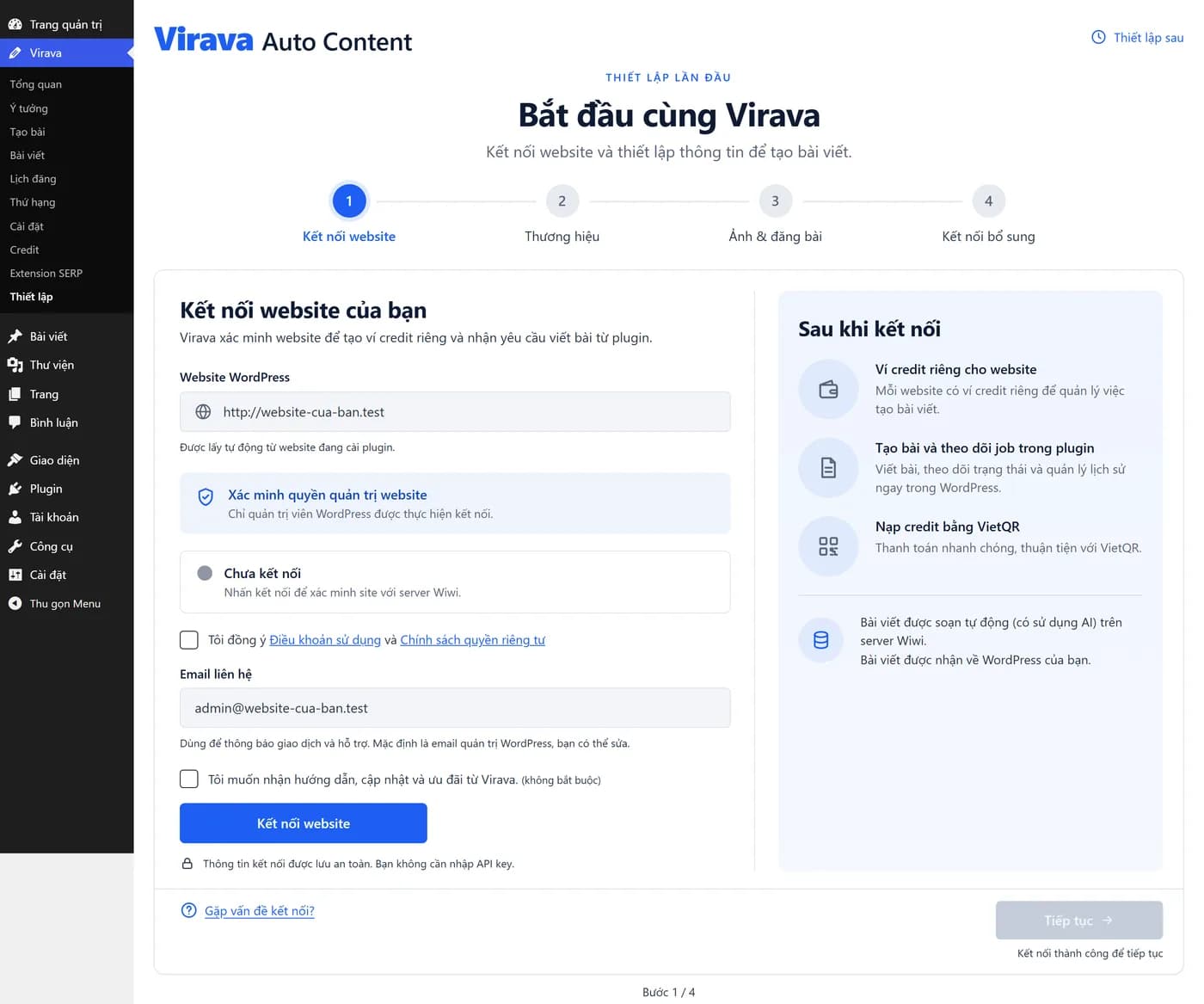 Virava setup wizard, step 1 of 4: Connect website, with the contact email field, the terms agreement checkbox, and the Connect website button