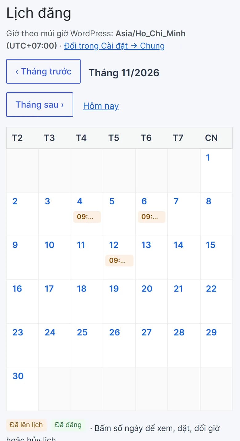 November 2026 publishing calendar in the Virava plugin with articles scheduled at 9:00 AM