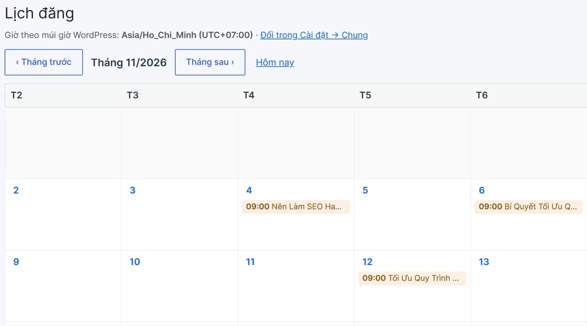 November 2026 publishing calendar in the Virava plugin with articles scheduled at 9:00 AM
