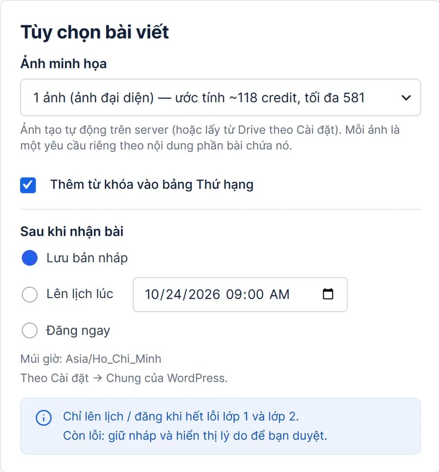 Article options in Virava: an estimate of about 118 credits for 1 image, a cap of 581 credits, and scheduling only once all issues are cleared